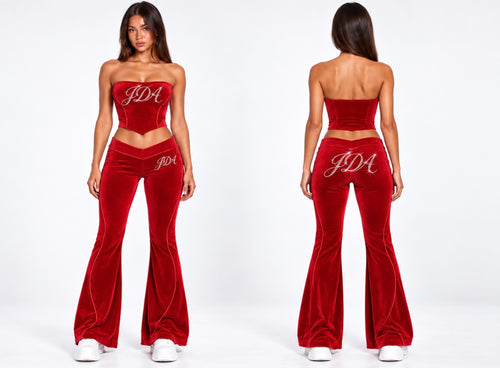JDA Red Corset Bandeau Velour Co-ord - front and back view