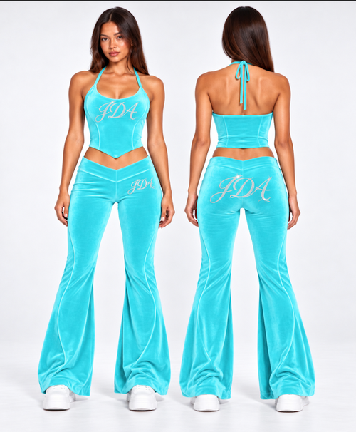 JDA Aqua Halter Neck Velour Co-ord - front and back view
